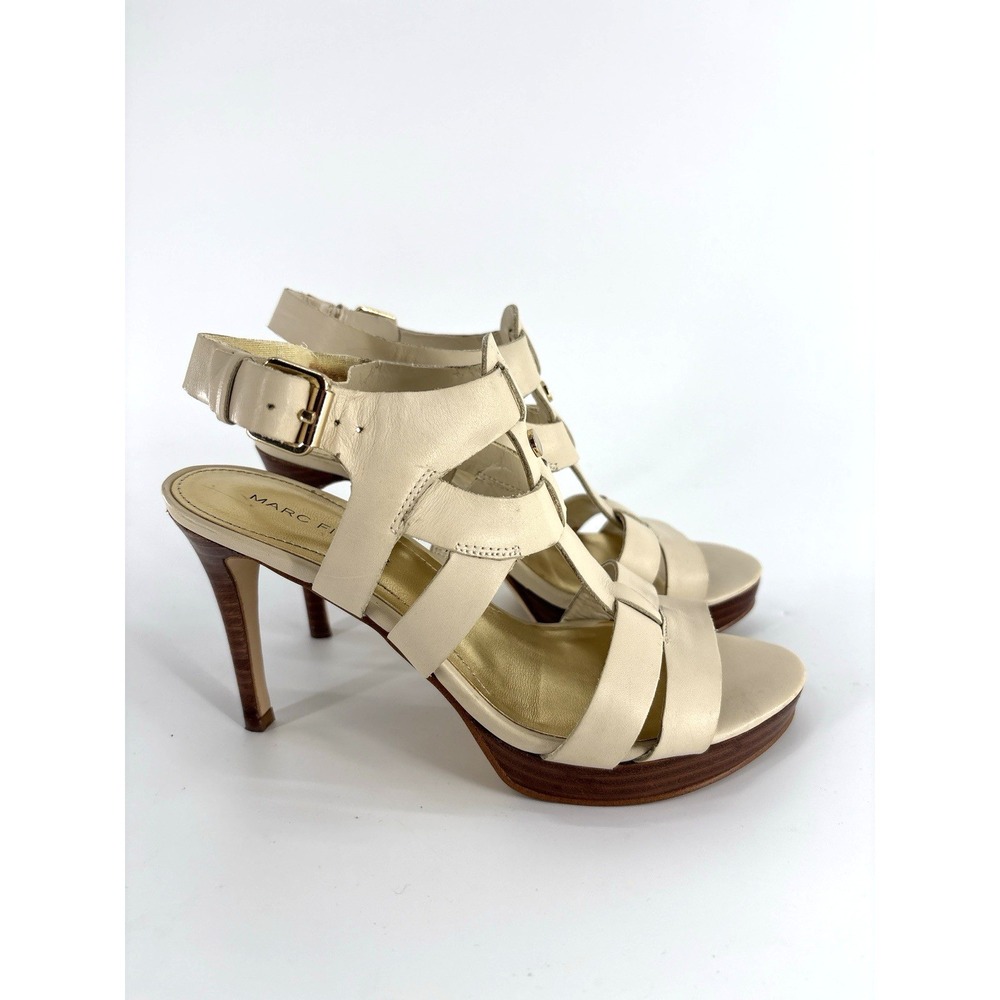 Marc Fisher Leather Caged Strappy Sandals 6 Natural Bone Beige - Picture 2 of 7